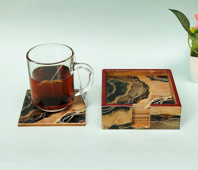 DULI Set of 6 MDF Wood Tea Coasters with Stand (10 * 10 cm) (Marble) - Image 2