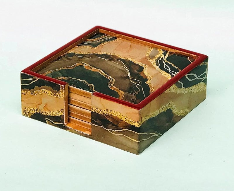 DULI Set of 6 MDF Wood Tea Coasters with Stand (10 * 10 cm) (Marble) - Image 5