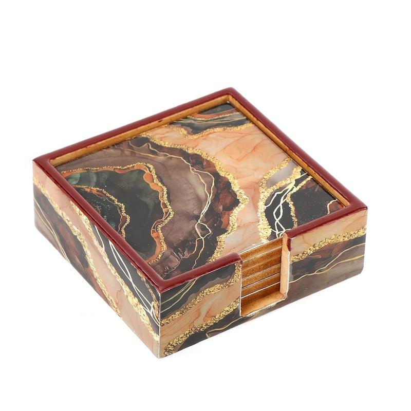 DULI Set of 6 MDF Wood Tea Coasters with Stand (10 * 10 cm) (Marble) - Image 1