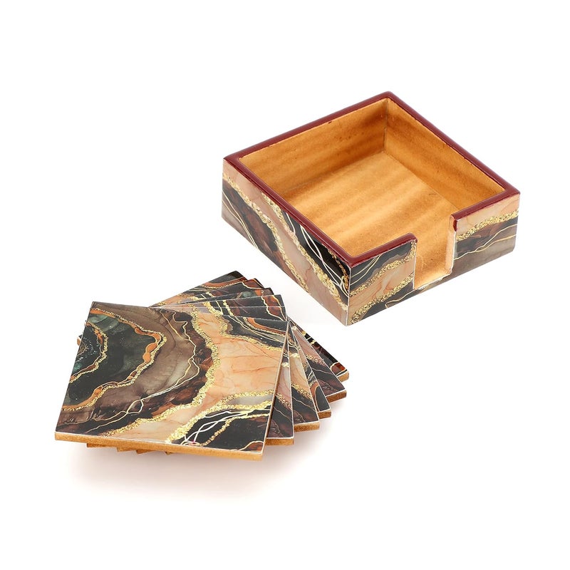 DULI Set of 6 MDF Wood Tea Coasters with Stand (10 * 10 cm) (Marble) - Image 3