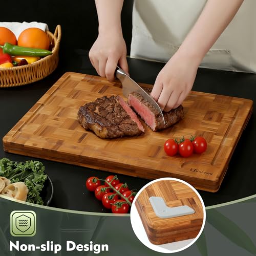 Upassion Heavy Duty Bamboo Cutting Board Set 3 Pack Non Toxic Juice Groove Charcuterie Board Book Wood Cutting Boards for Kitchen Solid End Grain Wood Chopping Board Large Butcher Block - Image 4