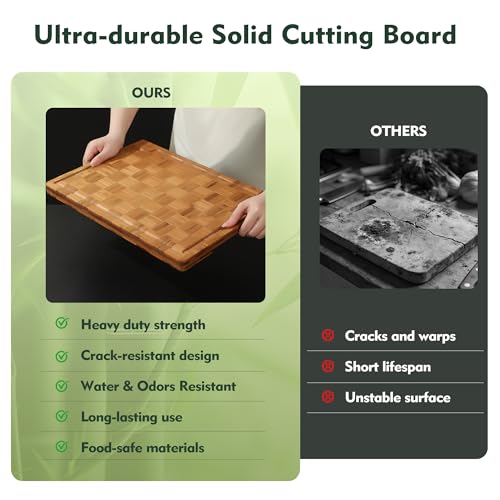 Upassion Heavy Duty Bamboo Cutting Board Set 3 Pack Non Toxic Juice Groove Charcuterie Board Book Wood Cutting Boards for Kitchen Solid End Grain Wood Chopping Board Large Butcher Block - Image 5