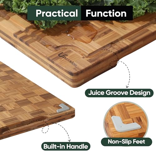 Upassion Heavy Duty Bamboo Cutting Board Set 3 Pack Non Toxic Juice Groove Charcuterie Board Book Wood Cutting Boards for Kitchen Solid End Grain Wood Chopping Board Large Butcher Block - Image 3