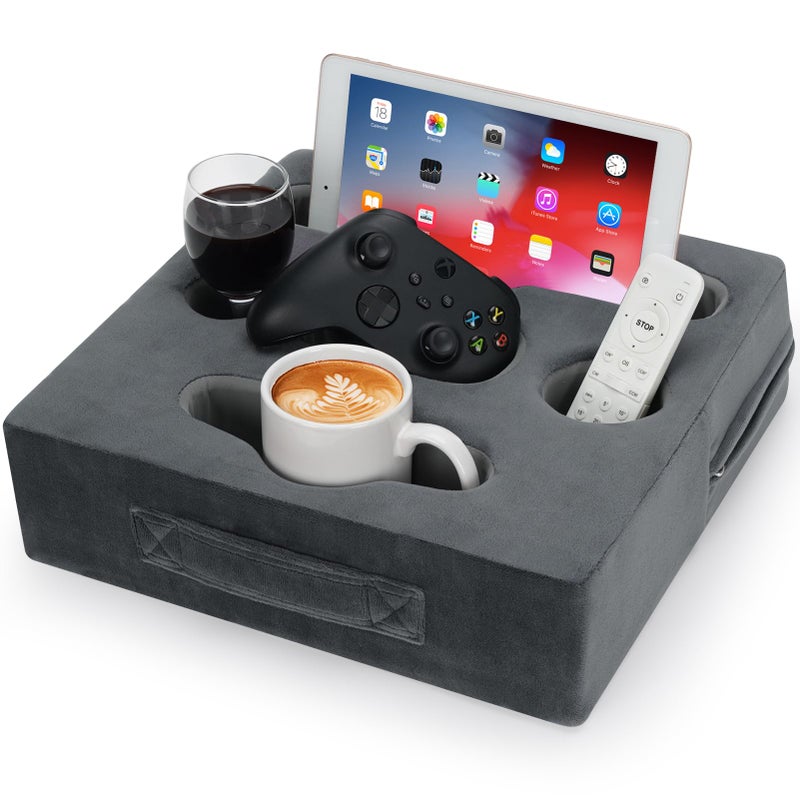 STBoo Couch Cup Holder Pillow  Sofa Drink Cup Holder Cozy Buddy  Bed Caddy Organizer Holds Remote Snacks Phones Tablet  Waterproof AntiSpill Sofa Beverage Tray for Car Beach RV Boat Grey