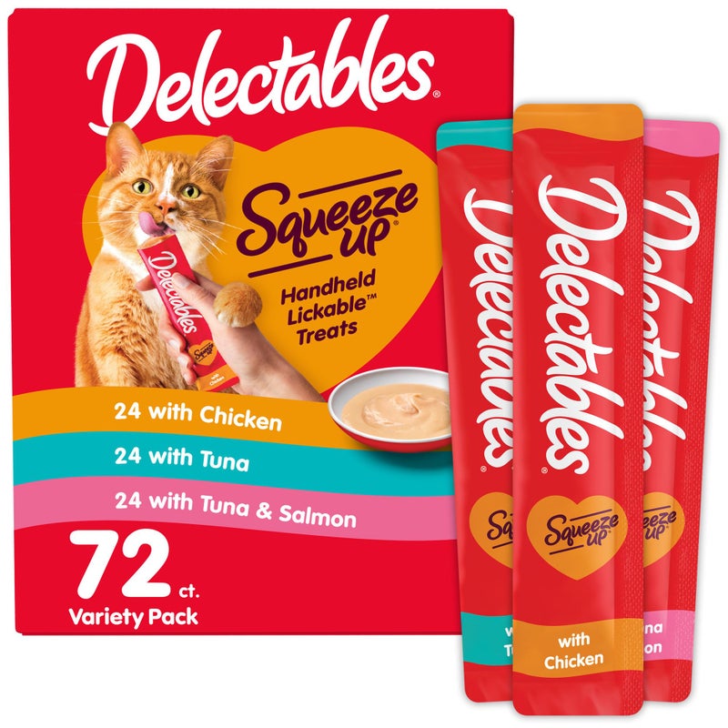 Hartz Delectables Squeeze Up Variety Pack, Creamy Squeezable Puree, Lickable Wet Cat Treats, Grain Free, No Added Fillers, No by-Products, No Added Preservatives, 0.5 Ounces Tube, 72 Tubes Total - Image 1