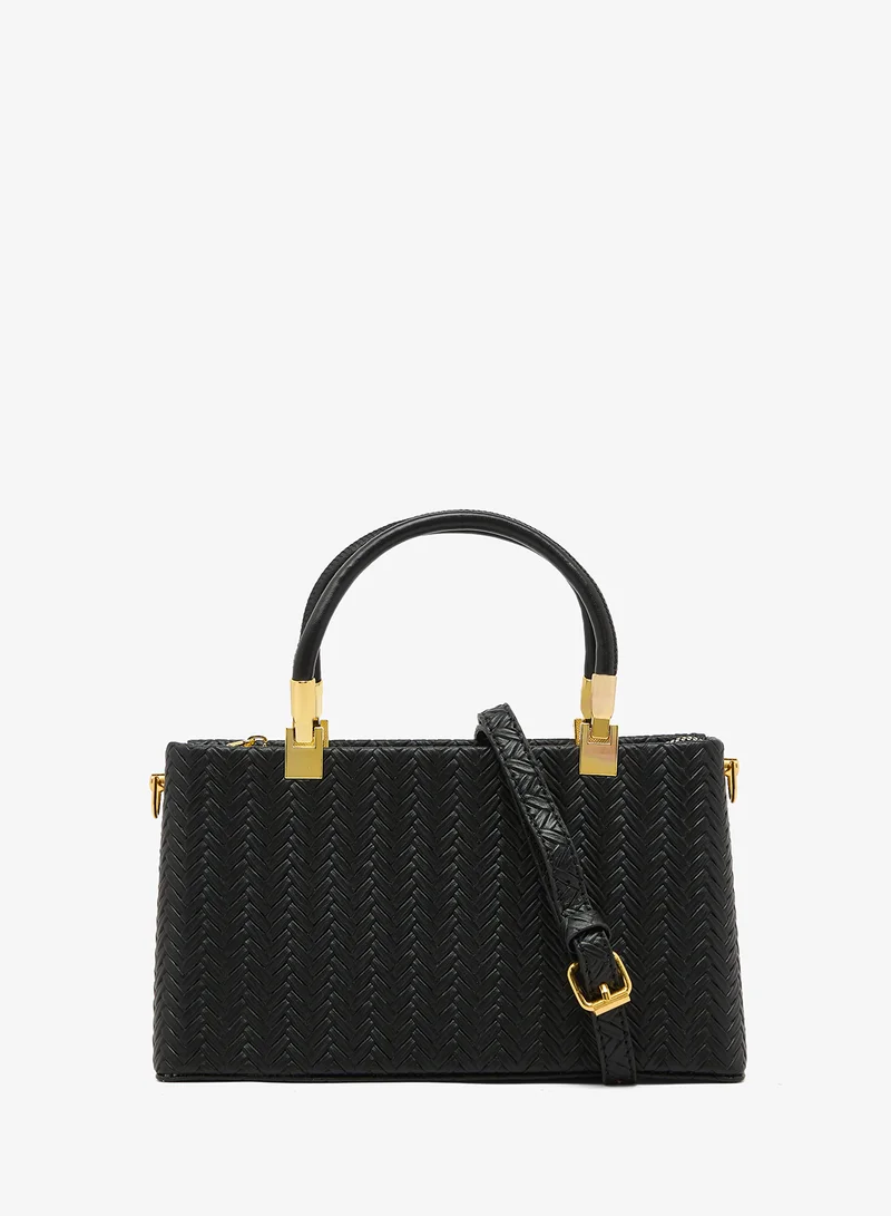 خزانة Black Textured Satchel With Top Handle And Strap