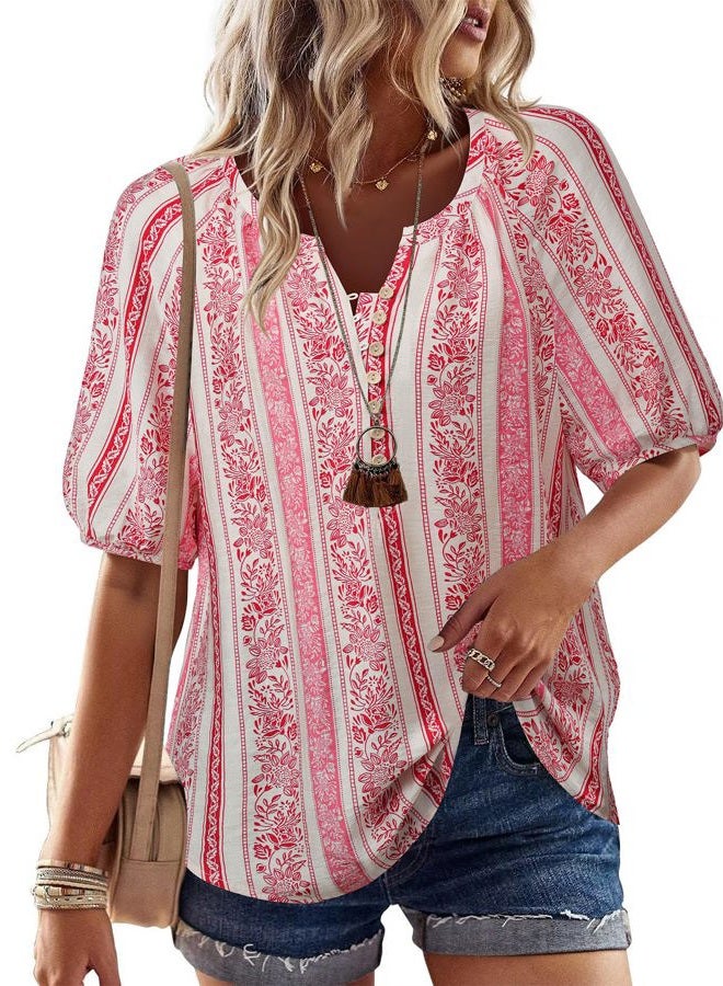 Unixseque Womens Summer Tops V Neck Short Sleeve Blouses Casual Button Down Shirts Floral Boho Clothing Trendy 2025, Red Stripe, XXL - Image 2