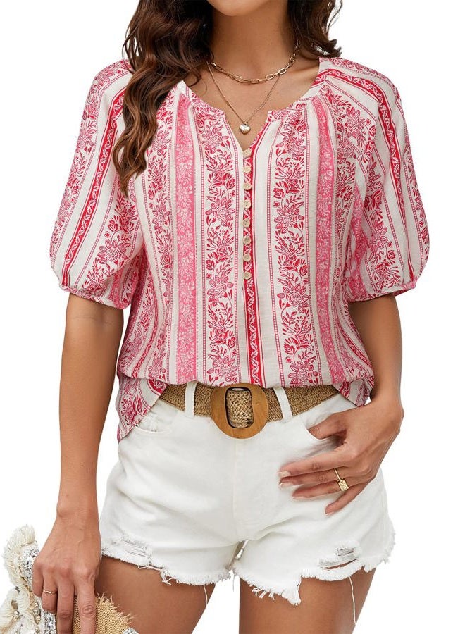 Unixseque Womens Summer Tops V Neck Short Sleeve Blouses Casual Button Down Shirts Floral Boho Clothing Trendy 2025, Red Stripe, XXL - Image 4