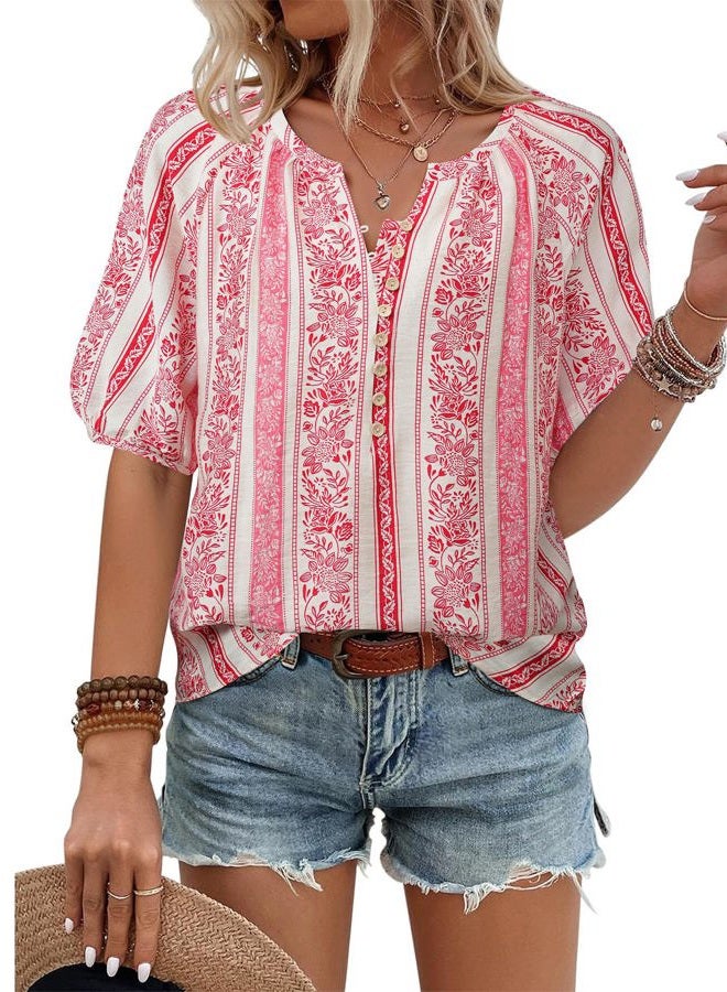 Unixseque Womens Summer Tops V Neck Short Sleeve Blouses Casual Button Down Shirts Floral Boho Clothing Trendy 2025, Red Stripe, XXL - Image 1