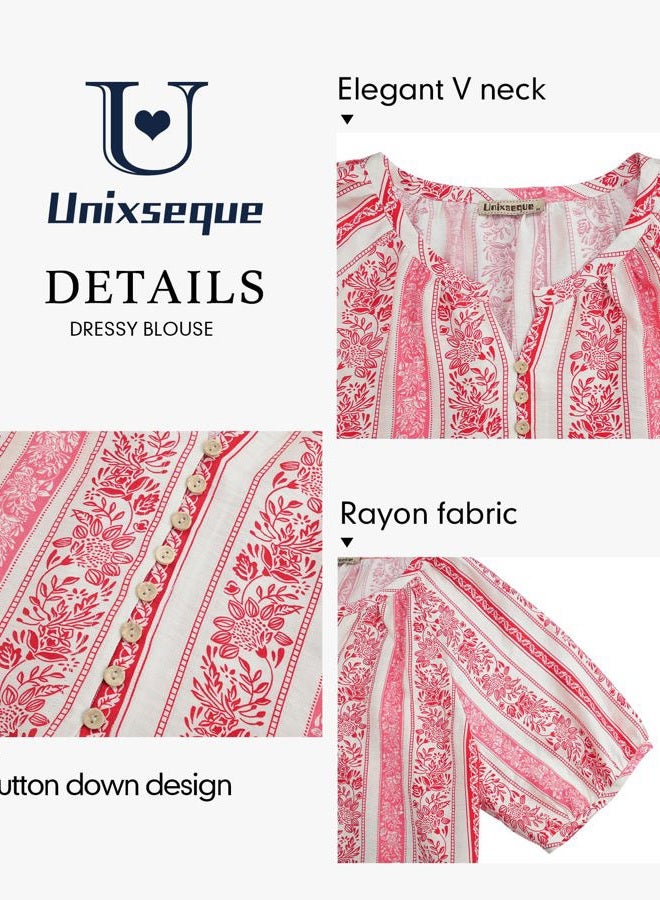 Unixseque Womens Summer Tops V Neck Short Sleeve Blouses Casual Button Down Shirts Floral Boho Clothing Trendy 2025, Red Stripe, XXL - Image 5