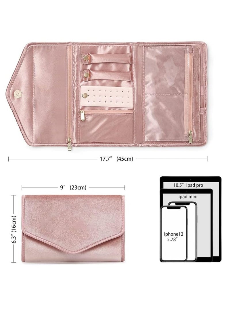 Velvet Travel Jewelry Organizer Roll for Women and Girls - Stylish Pink Jewelry Bag, Perfect for Travel and Ideal New Year Gift. - Image 3