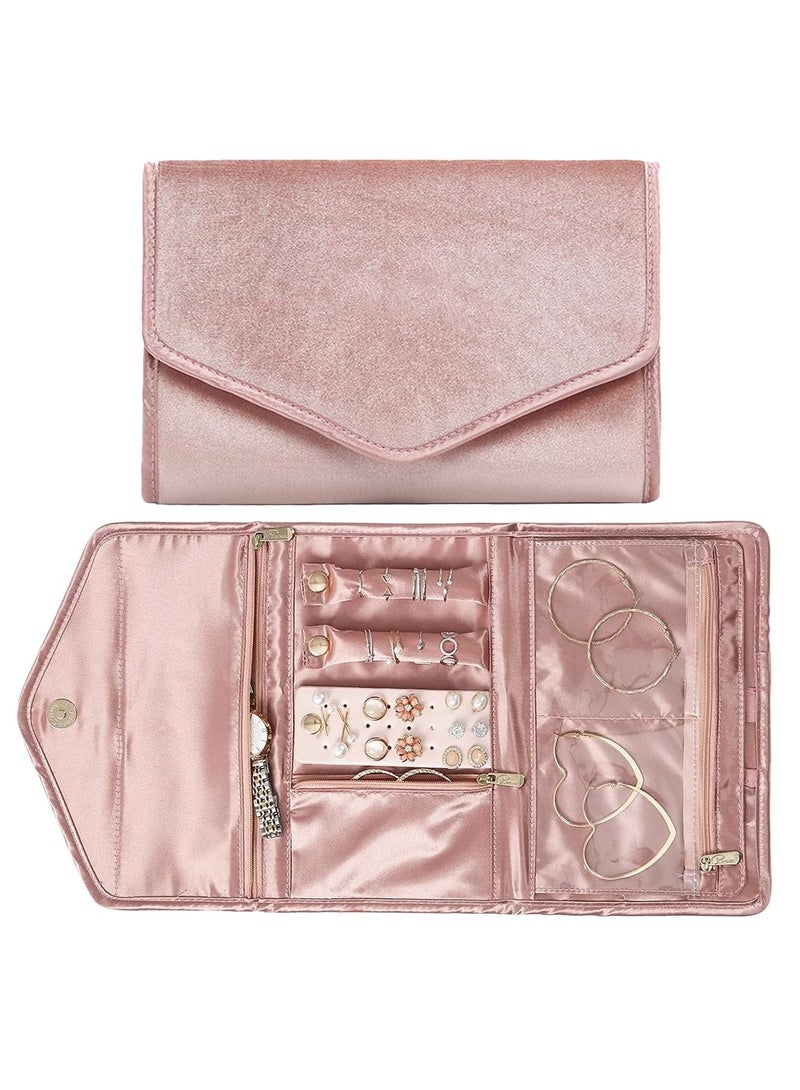 Velvet Travel Jewelry Organizer Roll for Women and Girls - Stylish Pink Jewelry Bag, Perfect for Travel and Ideal New Year Gift. - Image 1