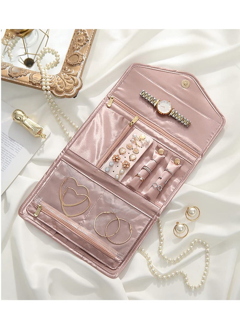 Velvet Travel Jewelry Organizer Roll for Women and Girls - Stylish Pink Jewelry Bag, Perfect for Travel and Ideal New Year Gift. - Image 4
