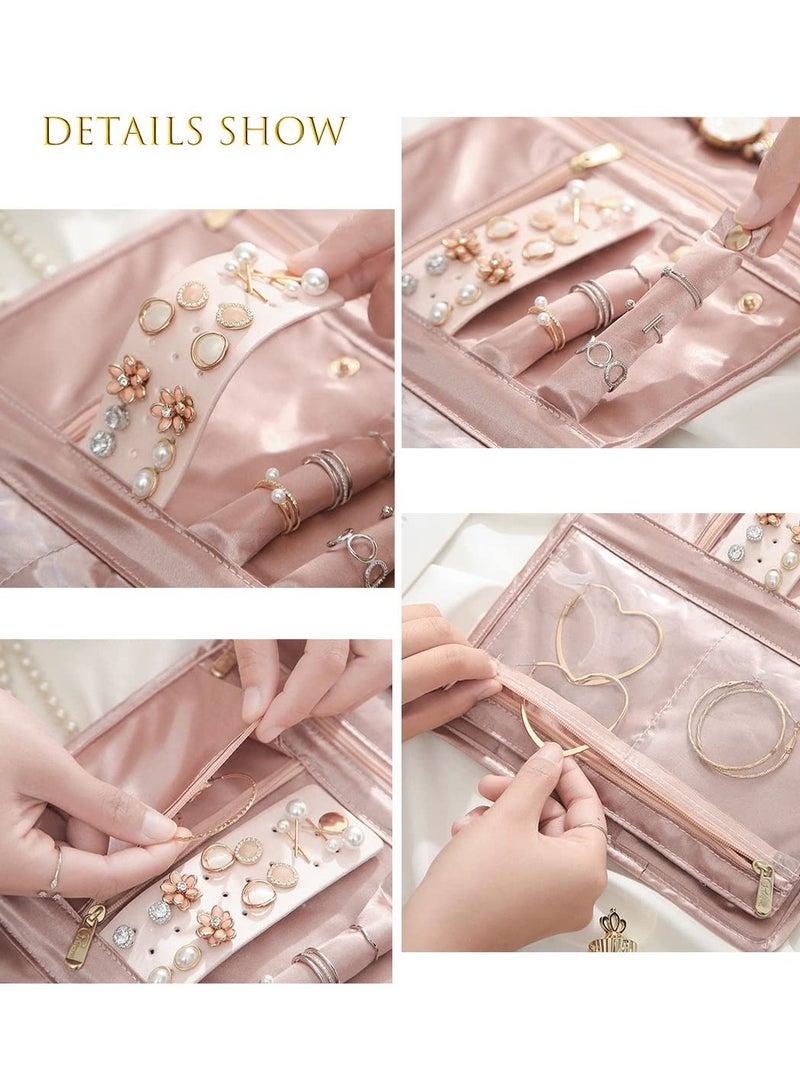 Velvet Travel Jewelry Organizer Roll for Women and Girls - Stylish Pink Jewelry Bag, Perfect for Travel and Ideal New Year Gift. - Image 5