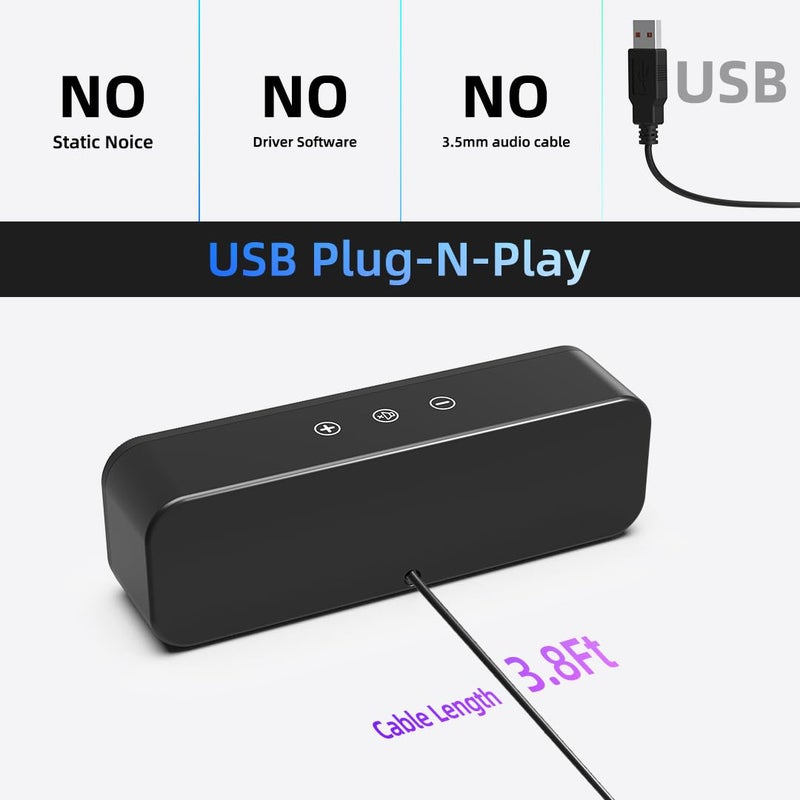 XKX مكبرات صوت للكمبيوتر لسطح المكتب واللابتوب، سلكية، توصيل USB، مكبرات صوت خارجية للشاشة، شريط صوت صغير للكمبيوتر، مكبر صوت عالي مع صوت عميق، تحكم باللمس، محول USB-C مدمج إلى USB - Image 4