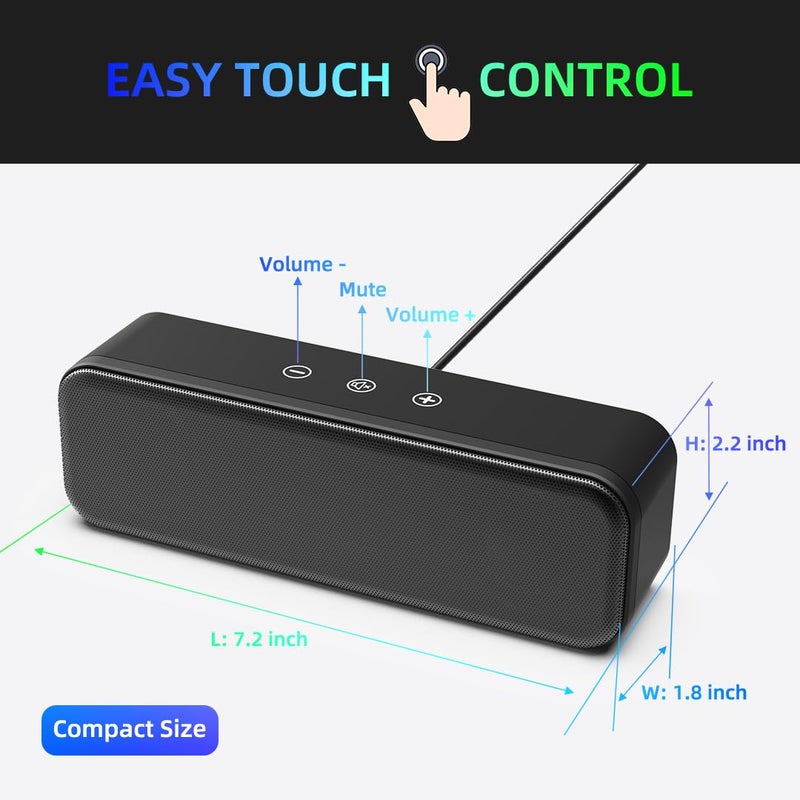 XKX مكبرات صوت للكمبيوتر لسطح المكتب واللابتوب، سلكية، توصيل USB، مكبرات صوت خارجية للشاشة، شريط صوت صغير للكمبيوتر، مكبر صوت عالي مع صوت عميق، تحكم باللمس، محول USB-C مدمج إلى USB - Image 3