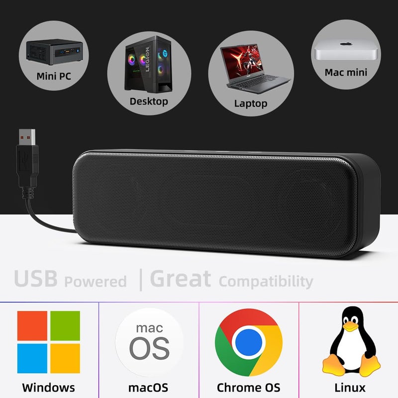 XKX مكبرات صوت للكمبيوتر لسطح المكتب واللابتوب، سلكية، توصيل USB، مكبرات صوت خارجية للشاشة، شريط صوت صغير للكمبيوتر، مكبر صوت عالي مع صوت عميق، تحكم باللمس، محول USB-C مدمج إلى USB - Image 5