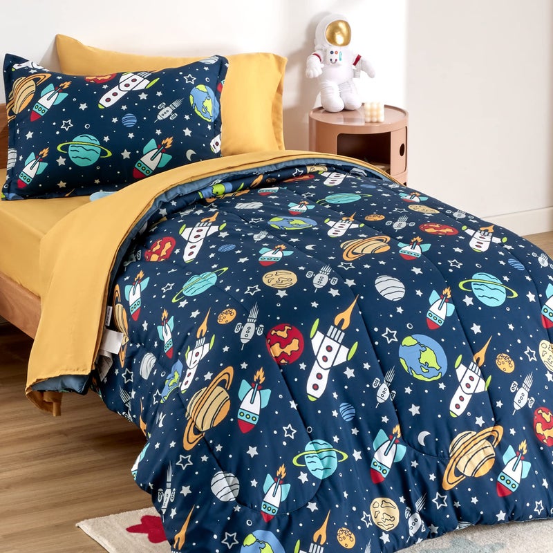 SLEEP ZONE Kids Bedding Comforter Set FullQueen Size  Super Cute  Soft Kids Bedding 7 Pieces Set with Comforter Sheet Pillowcase  Sham Rocket Galaxy
