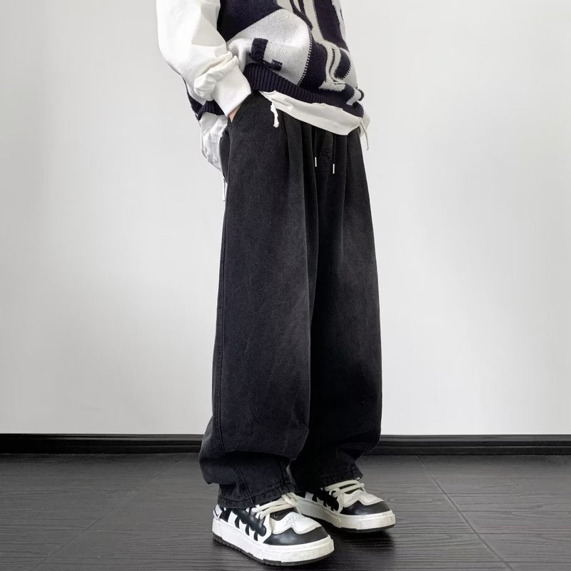 Retro American Drawstring Denim Mens Loose Jeans Black - Image 1