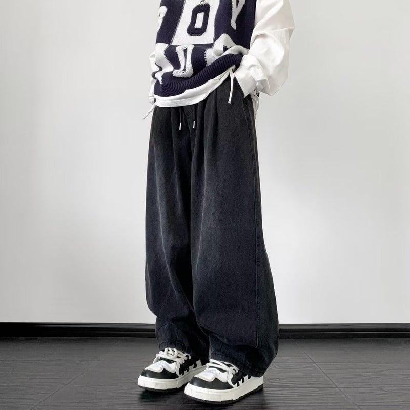 Retro American Drawstring Denim Mens Loose Jeans Black - Image 2