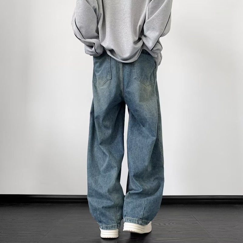 Retro American Drawstring Denim Mens Loose Jeans Black - Image 3