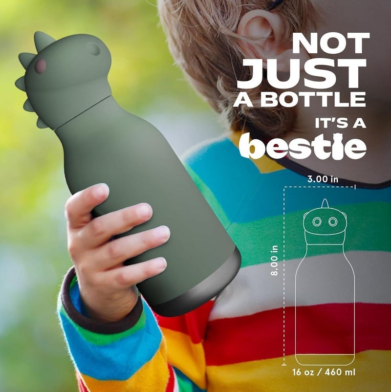 Asobu Dinosaur Bestie Bottle 16oz Kids Insulated Water Bottle with Straw, Vacuum Stainless Steel, Leakproof BPA-Free, Cute Dino Design, Cold 24h Hot 12h, School Travel Bottle - Image 5