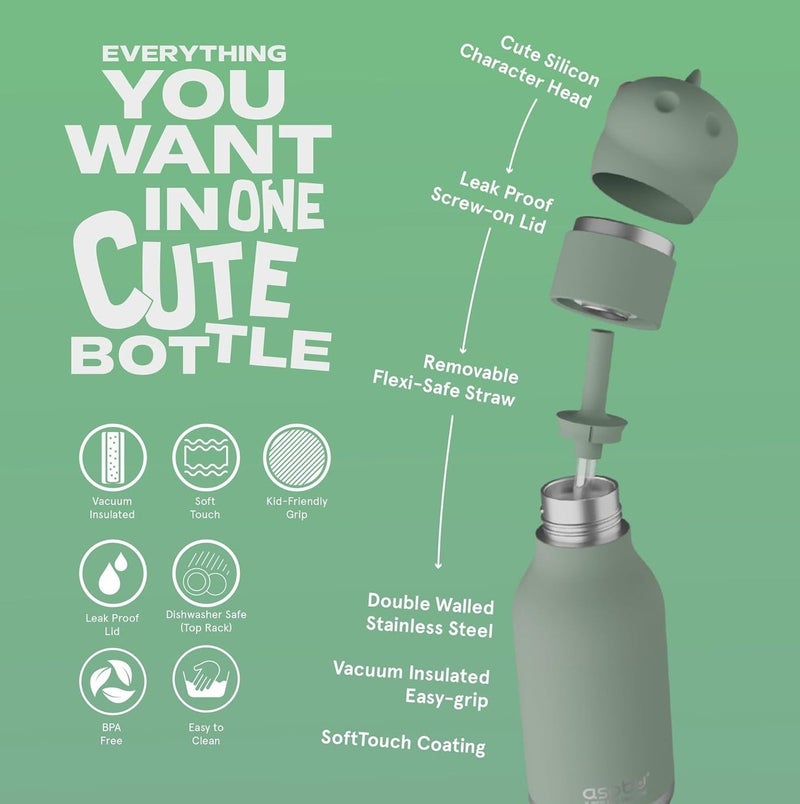 Asobu Dinosaur Bestie Bottle 16oz Kids Insulated Water Bottle with Straw, Vacuum Stainless Steel, Leakproof BPA-Free, Cute Dino Design, Cold 24h Hot 12h, School Travel Bottle - Image 3