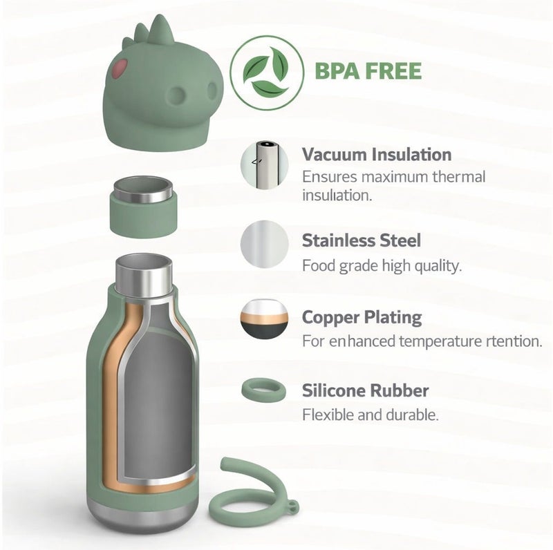 Asobu Dinosaur Bestie Bottle 16oz Kids Insulated Water Bottle with Straw, Vacuum Stainless Steel, Leakproof BPA-Free, Cute Dino Design, Cold 24h Hot 12h, School Travel Bottle - Image 4
