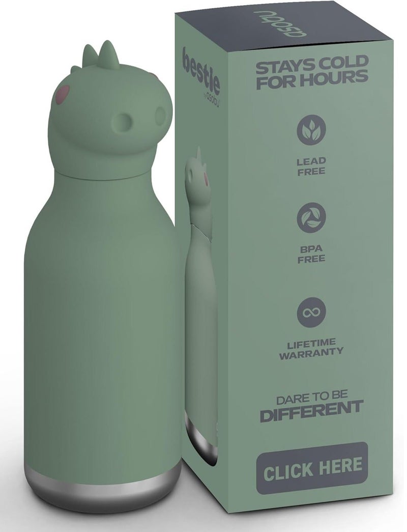 Asobu Dinosaur Bestie Bottle 16oz Kids Insulated Water Bottle with Straw, Vacuum Stainless Steel, Leakproof BPA-Free, Cute Dino Design, Cold 24h Hot 12h, School Travel Bottle - Image 1