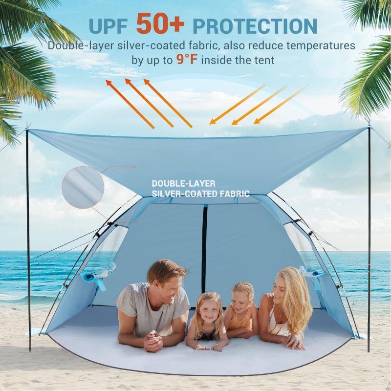 Elegear CumbreXâ„¢ Beach Tent Sun Shelter with Canopy, 4-5 Person Pop Up Beach Tent, Easy Setup UPF 50+ UV Protection Portable Lightweight Double Silver Coating Beach Cabana Sun Shade Shelter - Sky Blue - Image 4