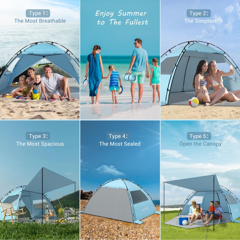 Elegear CumbreXâ„¢ Beach Tent Sun Shelter with Canopy, 4-5 Person Pop Up Beach Tent, Easy Setup UPF 50+ UV Protection Portable Lightweight Double Silver Coating Beach Cabana Sun Shade Shelter - Sky Blue - Image 5