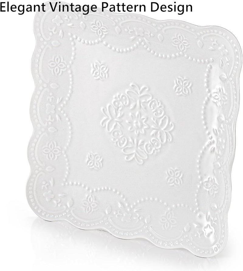 Tebery مجموعة تيبيري من 4 أطباق سيراميك مربعة مزخرفة 10 بوصة أطباق عشاء أنيقة باللون الأبيض العاجي أطباق مقبلات وسلطة وأطباق تقديم أطباق مطبخ لوجبة الإفطار وشاي بعد الظهر وحفلات الزفاف وحفلات الستيك والمعكرونة - Image 3