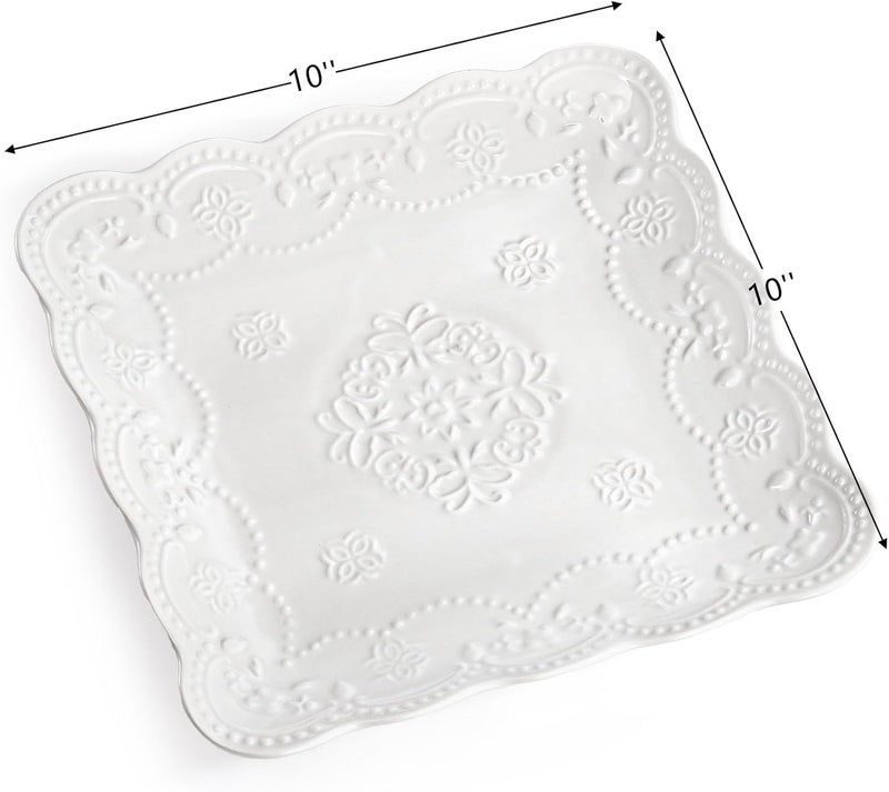 Tebery مجموعة تيبيري من 4 أطباق سيراميك مربعة مزخرفة 10 بوصة أطباق عشاء أنيقة باللون الأبيض العاجي أطباق مقبلات وسلطة وأطباق تقديم أطباق مطبخ لوجبة الإفطار وشاي بعد الظهر وحفلات الزفاف وحفلات الستيك والمعكرونة - Image 2