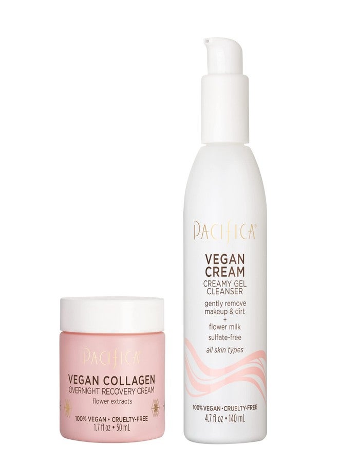 Pacifica Vegan Collagen Cleanser + Overnight Cream Set of 2 - Creamy Gel Face Wash & Rich Night Lotion Recovery Cream Gently Cleanses Deeply Hydrates & Renews, Anti-Aging No Sulfates or Parabens Clean