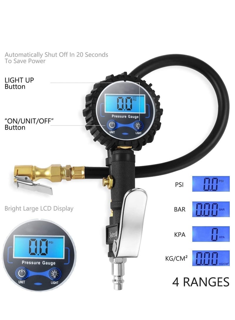 منفاخ الإطارات الرقمي منفاخ الإطارات مع مقياس ضغط الإطارات 250 رطل لكل بوصة مربعة ظرف الهواء وملحقات الضاغط شديدة التحمل مع خرطوم مطاطي ومقرنة توصيل سريعة للسيارة والشاحنات والدراجات النارية - Image 2