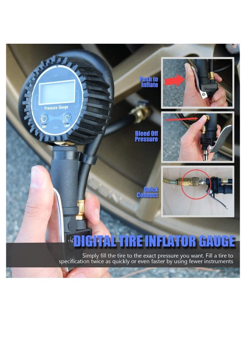 منفاخ الإطارات الرقمي منفاخ الإطارات مع مقياس ضغط الإطارات 250 رطل لكل بوصة مربعة ظرف الهواء وملحقات الضاغط شديدة التحمل مع خرطوم مطاطي ومقرنة توصيل سريعة للسيارة والشاحنات والدراجات النارية - Image 5