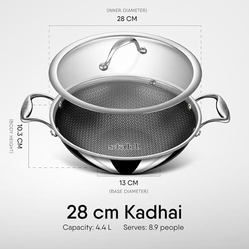 Stahl Artisan Hybrid 4.4 L, 28 cm Triply Non Stick Kadai with Lid, Stainless Steel Kadai for Cooking, Triply Kadhai Metal Spatula Friendly, Induction & Gas Stove Compatible - Image 2