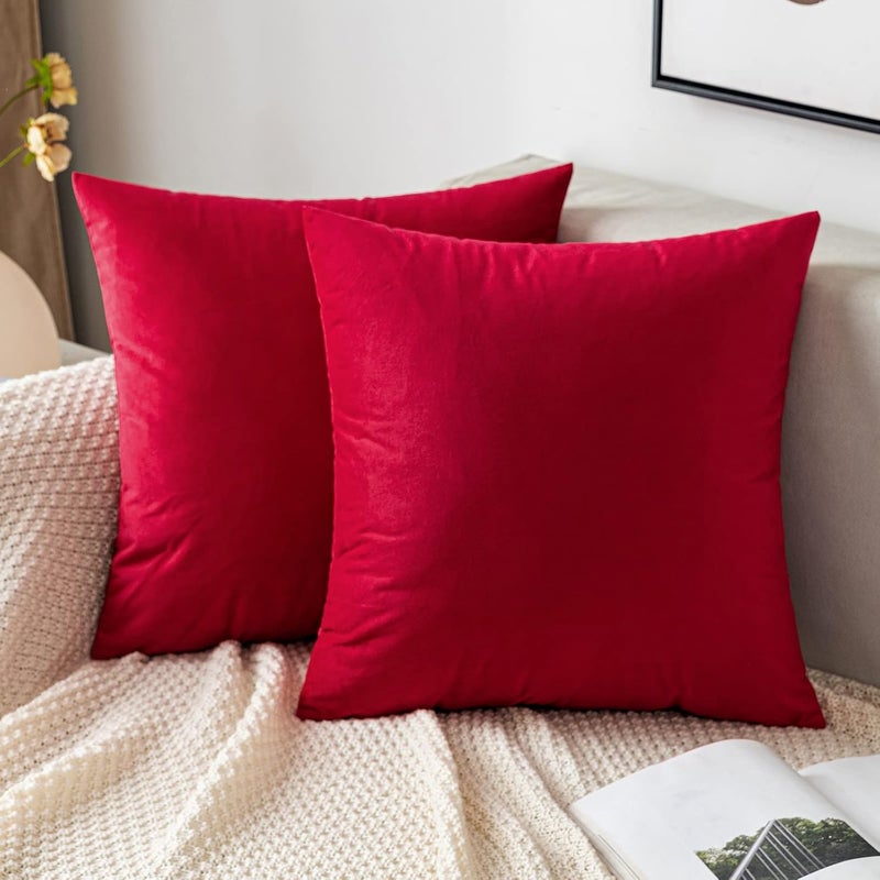 EMEMA Pack of 2 Velvet Christmas Throw Pillow Covers Decorative Square Pillowcase Soft Solid Cushion Case for Sofa Bedroom Car 16x16 Inch Red - Image 1