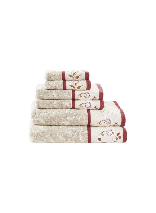 madison park Madison Park Serene 100% Cotton Bath Towel Set Luxurious Floral Decorative Towels for Bathroom Embroidered Cotton Jacquard Design Soft Highly Absorbent for Shower 600 GSM, Multi-Sizes, Red 6 Piece  - Image 1