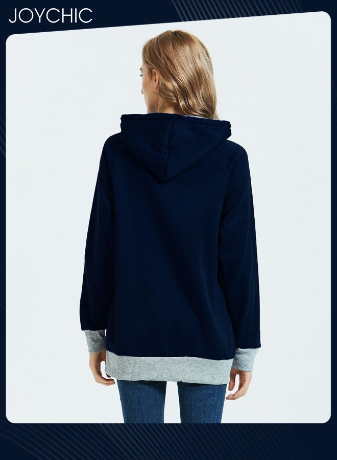 Joychic بلوفر نسائي فضفاض متوسط الطول ودافئ للخريف والشتاء بأكمام طويلة وغطاء رأس مع جيب كبير، أزرق داكن - Image 3