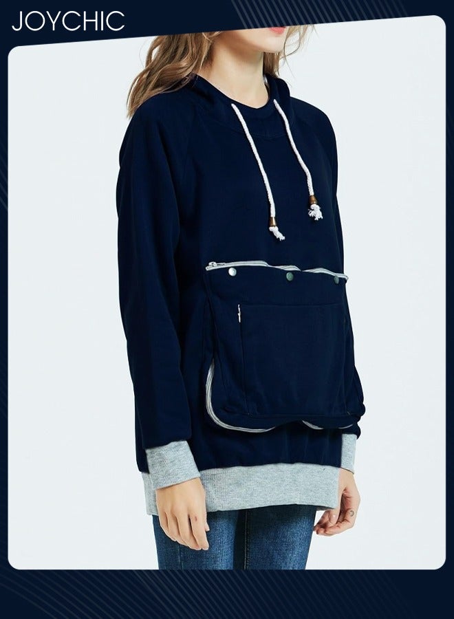 Joychic بلوفر نسائي فضفاض متوسط الطول ودافئ للخريف والشتاء بأكمام طويلة وغطاء رأس مع جيب كبير، أزرق داكن - Image 4