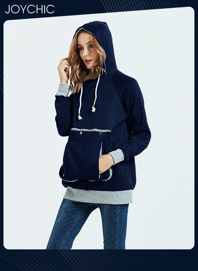 Joychic بلوفر نسائي فضفاض متوسط الطول ودافئ للخريف والشتاء بأكمام طويلة وغطاء رأس مع جيب كبير، أزرق داكن - Image 2
