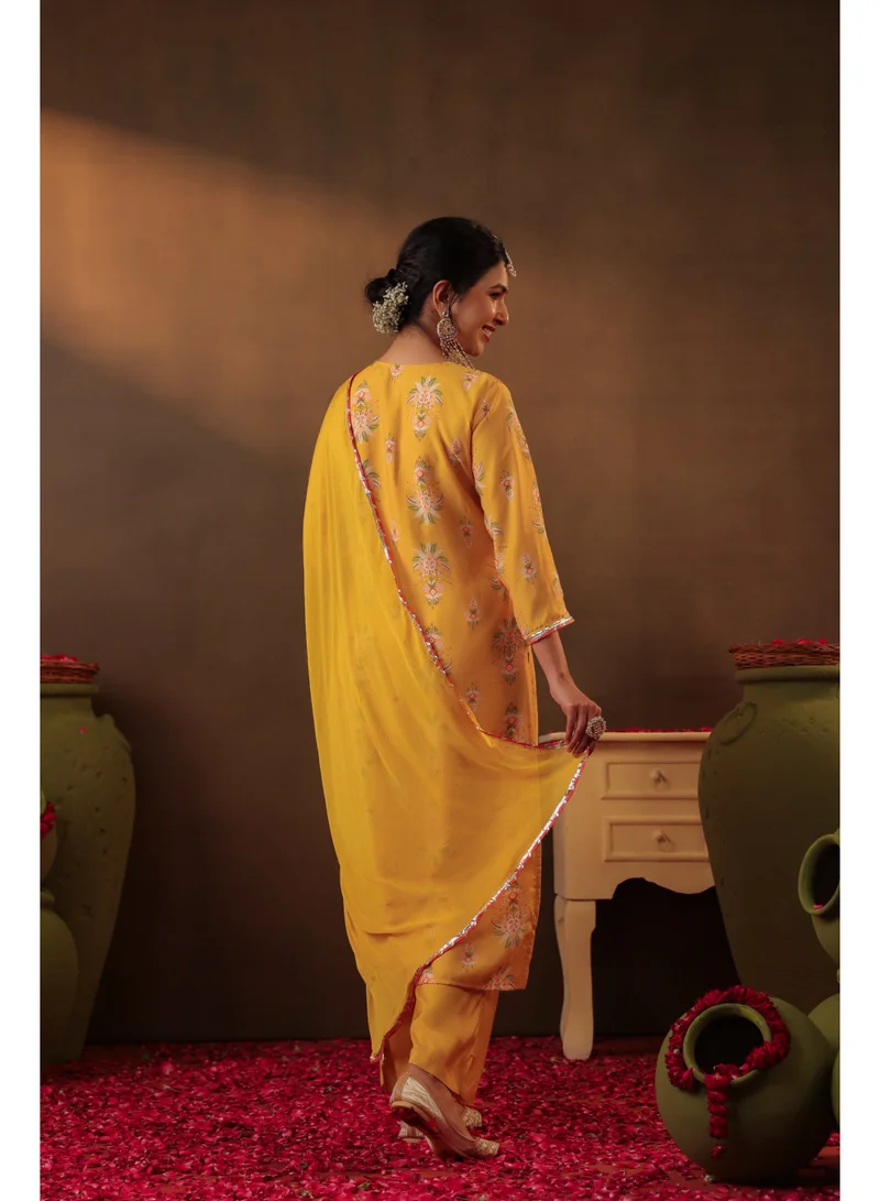 PRIYA’S PANACHE Yellow Yellow Chanderi Silk Straight Kurta Set for Women with Chiffon Dupatta – Indian Ethnic Wear, Festive Kurti Set, Elegant Straight Pants, Party and Casual Wear for Women | Best Price UAE