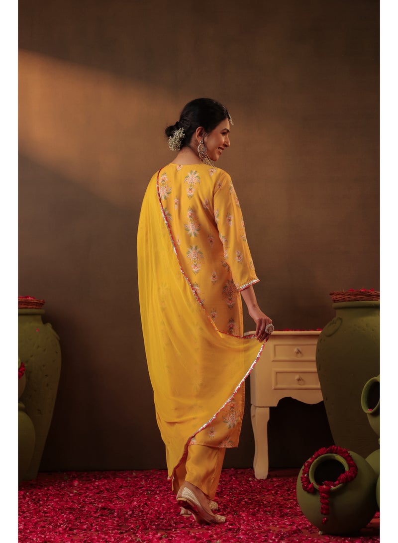 PRIYA’S PANACHE Yellow Chanderi Silk Straight Kurta Set for Women with Chiffon Dupatta – Indian Ethnic Wear, Festive Kurti Set, Elegant Straight Pants, Party and Casual Wear - Image 3