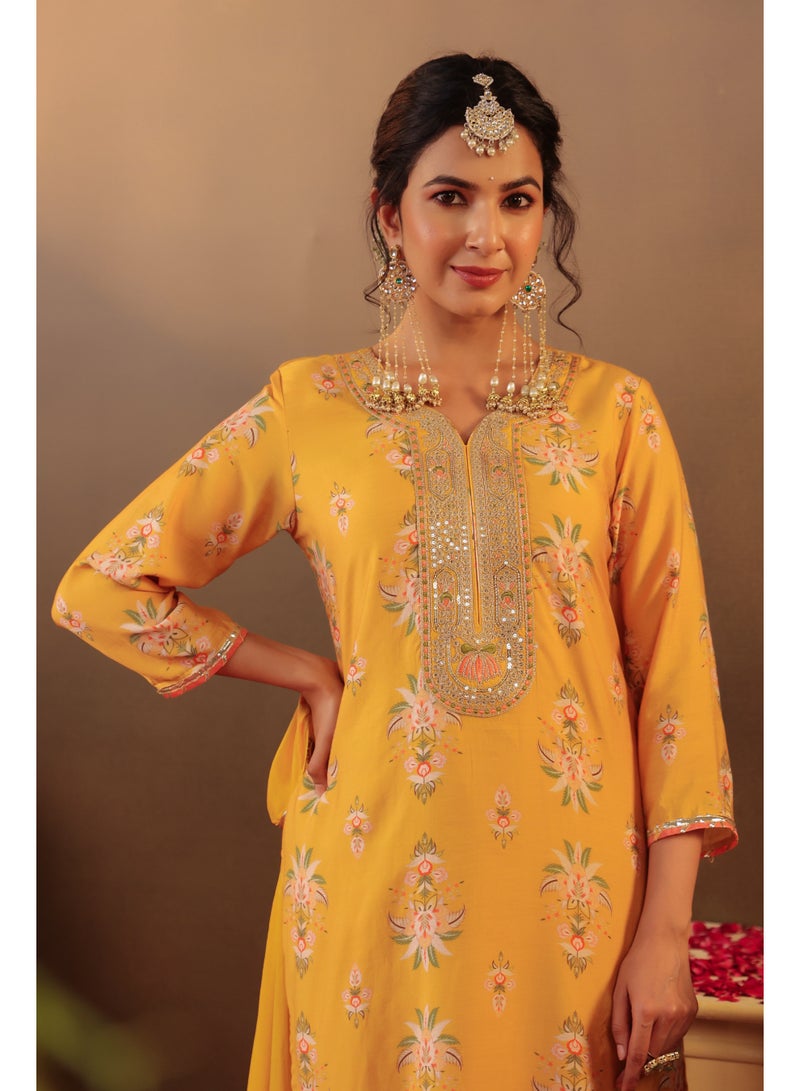 PRIYA’S PANACHE Yellow Chanderi Silk Straight Kurta Set for Women with Chiffon Dupatta – Indian Ethnic Wear, Festive Kurti Set, Elegant Straight Pants, Party and Casual Wear - Image 2