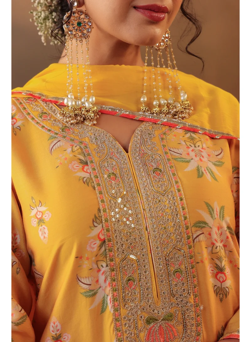 PRIYA’S PANACHE Yellow Yellow Chanderi Silk Straight Kurta Set for Women with Chiffon Dupatta – Indian Ethnic Wear, Festive Kurti Set, Elegant Straight Pants, Party and Casual Wear for Women | Best Price UAE