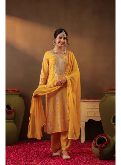 PRIYA’S PANACHE Yellow Chanderi Silk Straight Kurta Set for Women with Chiffon Dupatta – Indian Ethnic Wear, Festive Kurti Set, Elegant Straight Pants, Party and Casual Wear