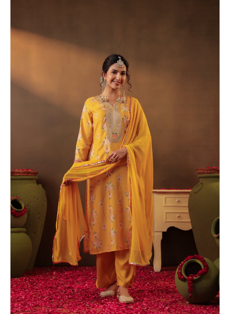 PRIYA’S PANACHE Yellow Chanderi Silk Straight Kurta Set for Women with Chiffon Dupatta – Indian Ethnic Wear, Festive Kurti Set, Elegant Straight Pants, Party and Casual Wear - Image 1