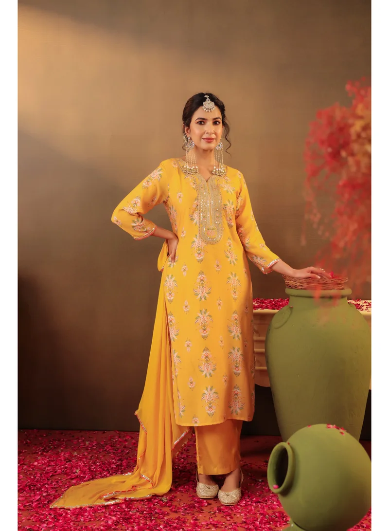 PRIYA’S PANACHE Yellow Yellow Chanderi Silk Straight Kurta Set for Women with Chiffon Dupatta – Indian Ethnic Wear, Festive Kurti Set, Elegant Straight Pants, Party and Casual Wear for Women | Best Price UAE