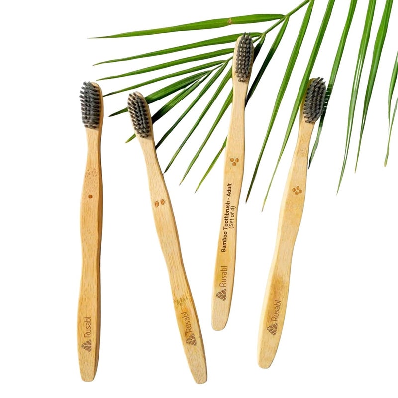 Rusabl فرشاة أسنان عضوية من الخيزران للبالغين (عبوة من 4) يدوية، شعيرات ناعمة مفعلة بالفحم، علامات تعريف، قابلة للتحلل، مضادة للبكتيريا، صديقة للبيئة، طبيعية - Image 1